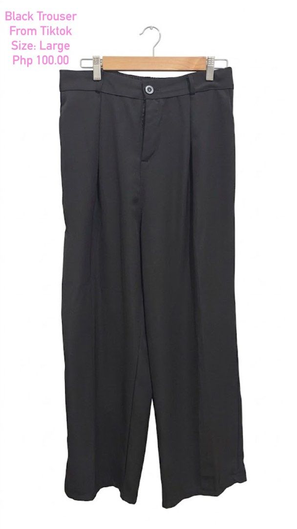 Black Trousers Size Large From TikTok (Category: Other Bottoms) located in Quezon City. Submitted by heyhaveaniceday (Listing ID 1462854292, Image 1). Description: - TikTok Black Trousers - Size: Large - Style: Wide Leg - Versatile: Great for casual or smart casual outfits - Easy to pair with any top - Price: Php 100.00.