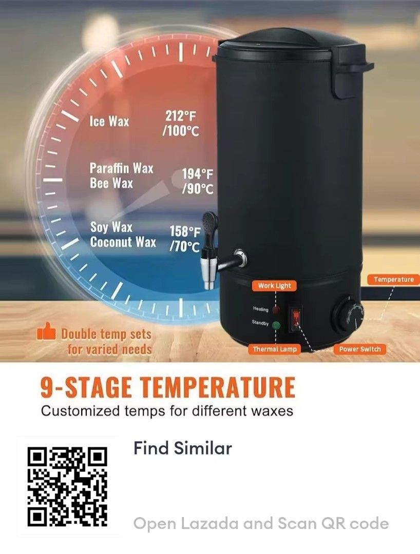 Black Wax Heater with 9-Stage Temperature Control (Category: Hair Removal) located in Batangas. Submitted by Halo0504 (Listing ID 1462743166, Image 3). Description: Never been used. Purchase last July 2026 6 liters Black wax heater with a 9-stage temperature setting. Great for various waxes like paraffin, bee, soy, coconut, and ice wax. Has a heating and standby indicator light. Easy to use power switch and temperature dial. Dimensions are 20.6cm