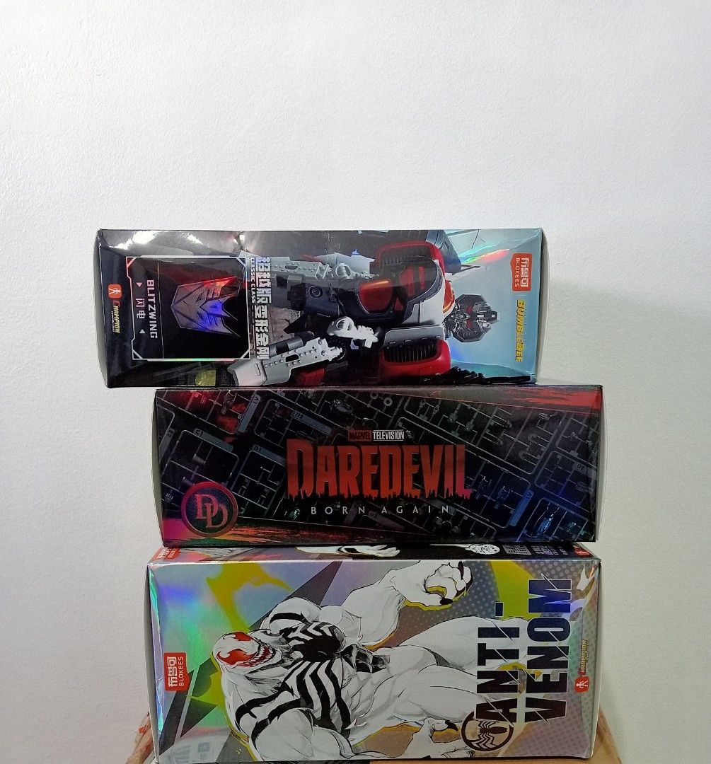 Blokees Anti-Venom, Bumblebee Blitzwing, Daredevil Action Figures (Category: Action & Battle Toys) located in Muntinlupa City. Submitted by mcnigel84 (Listing ID 1462761732, Image 2). Description: - Blokees Action Figures for Sale - Available: Anti-Venom, Bumblebee Blitzwing, Daredevil - Original boxes included - Set for only 2,500 3pcs.