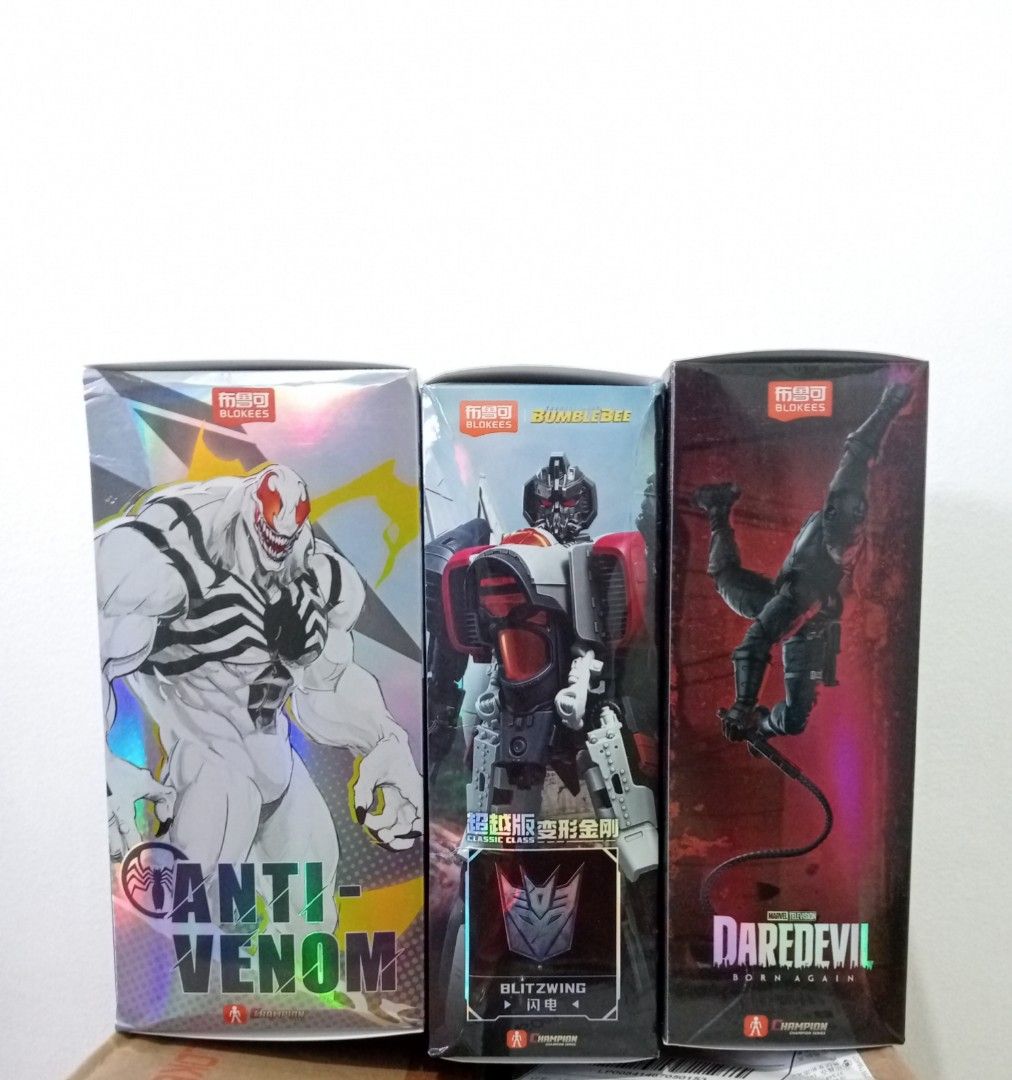 Blokees Anti-Venom, Bumblebee Blitzwing, Daredevil Action Figures (Category: Action & Battle Toys) located in Muntinlupa City. Submitted by mcnigel84 (Listing ID 1462761732, Image 1). Description: - Blokees Action Figures for Sale - Available: Anti-Venom, Bumblebee Blitzwing, Daredevil - Original boxes included - Set for only 2,500 3pcs.