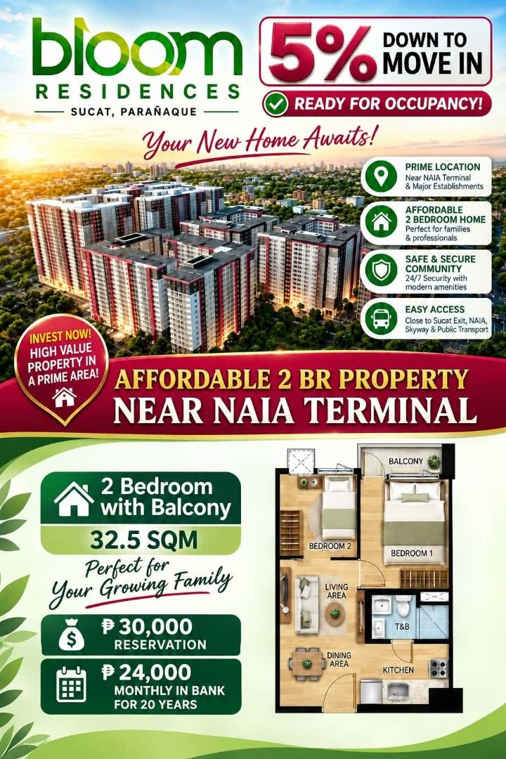 Bloom Residences - Sucat Parañaque (Category: Apartments & Condos) located in San Pablo. Submitted by girlie-acedilloarevalo1987 (Listing ID 1462685327, Image 1). Description: 🌿 Bloom Residences Mid Rise Condo (15 Floors) Dr. A. Santos Avenue, Brgy. San Antonio, Sugar, Paranaque DSHUD LTS No. Phase 1 #034562,Ph1-ENCRFO-17-10-023, Tower L #PLS 051 💸30k to Reserve Up to 2 Million Discount! 2BR with Balcony Computation (32.5 SQM) 5℅ Downpayment (1