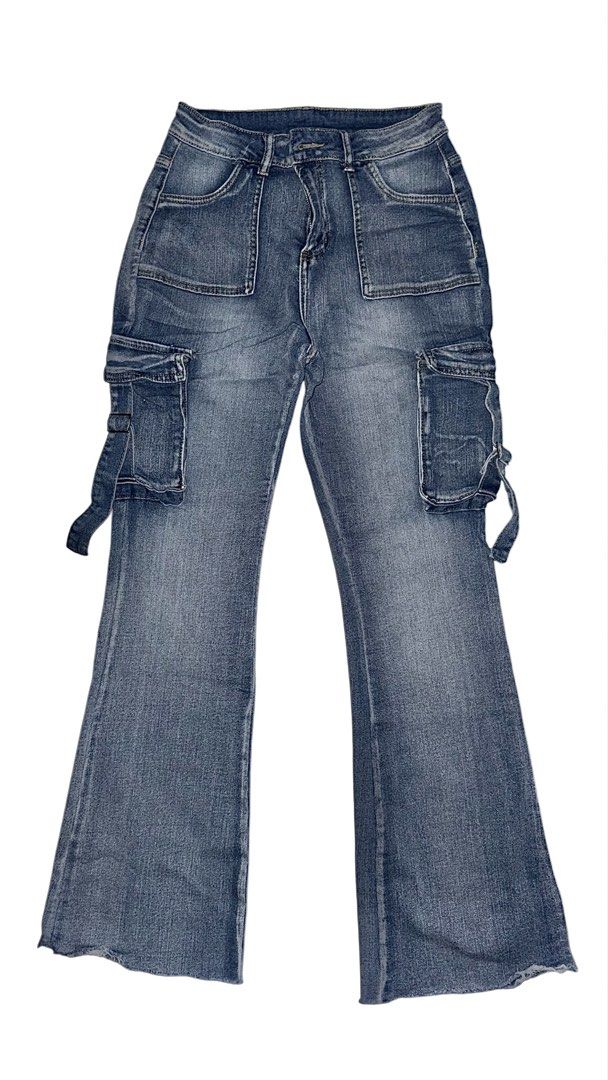 Blue Denim Cargo Flare Jeans with Raw Hem (Category: Jeans) located in San Narciso. Submitted by angels.attic21 (Listing ID 1462710191, Image 1). Description: - Cool blue denim jeans - waist: 27-30 inches - length: 40 inches - Cargo style with side pockets - Flare leg opening - Raw hem detail - Ideal for casual outfits.