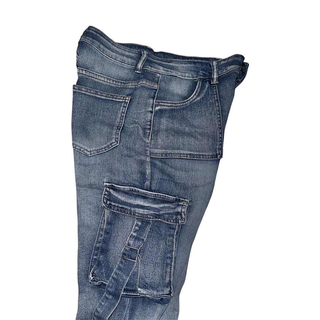 Blue Denim Cargo Flare Jeans with Raw Hem (Category: Jeans) located in San Narciso. Submitted by angels.attic21 (Listing ID 1462710191, Image 3). Description: - Cool blue denim jeans - waist: 27-30 inches - length: 40 inches - Cargo style with side pockets - Flare leg opening - Raw hem detail - Ideal for casual outfits.