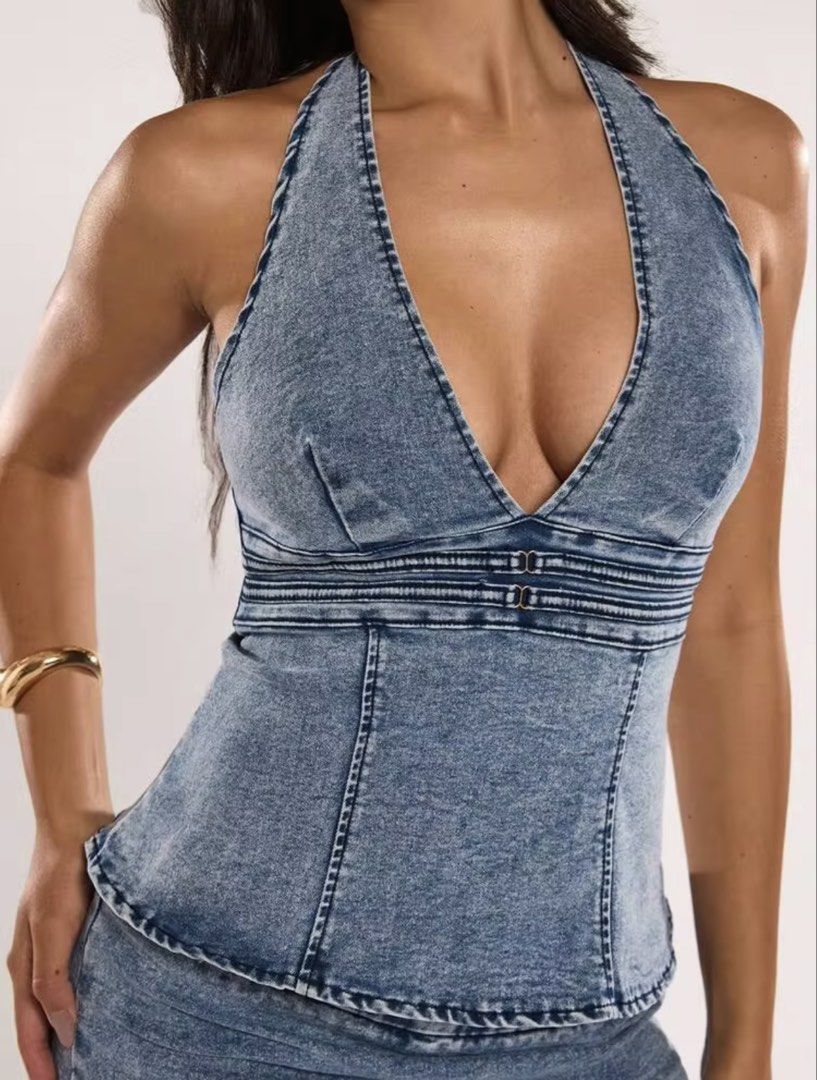 Blue Denim Halter Top & Mini Skirt Set (Category: Sets or Coordinates) located in Villasis. Submitted by juliaxgamboa (Listing ID 1462844234, Image 2). Description: - Cute blue denim halter top and matching mini skirt - Halter neck ties at the back - Top features a fitted bodice with a peplum hem - Skirt has a low-rise waist with buckle details - Ideal for a night out or festival look - Strong Y2K aesthetic.