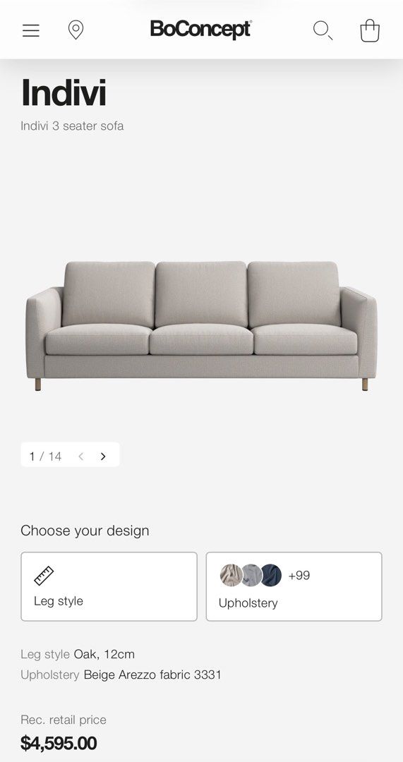 BoConcept Indivi 3 Seater Sofa - Beige Arezzo Fabric (Category: Sofas) located in Singapore. Submitted by flyions (Listing ID 1462704239, Image 1). Description: The Details: Model: BoConcept Indivi 2 (3-Seater) Colour: A versatile, elegant light grey/beige woven fabric that seamlessly fits into modern, Japandi, or minimalist interiors. Design: Features sleek, modern metal legs and a clean, low-profile frame. Practicality: The thick, structured cu
