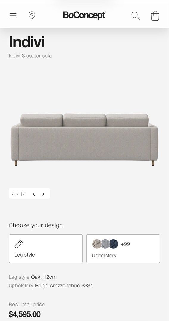 BoConcept Indivi 3 Seater Sofa - Beige Arezzo Fabric (Category: Sofas) located in Singapore. Submitted by flyions (Listing ID 1462704239, Image 3). Description: The Details: Model: BoConcept Indivi 2 (3-Seater) Colour: A versatile, elegant light grey/beige woven fabric that seamlessly fits into modern, Japandi, or minimalist interiors. Design: Features sleek, modern metal legs and a clean, low-profile frame. Practicality: The thick, structured cu