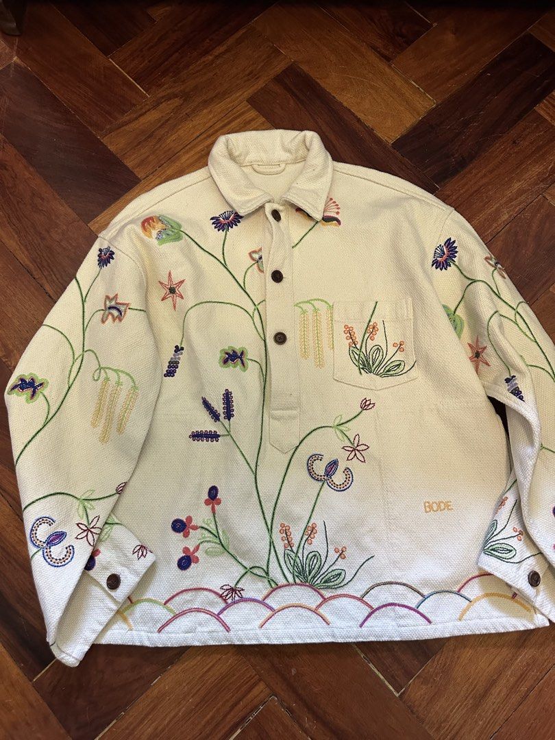 BODE inspired Embroidered Floral jacket (Category: Coats, Jackets and Outerwear) located in Manila. Submitted by chinobustamante17 (Listing ID 1462706874, Image 1). Description: - Cream colored jacket with Intricate all-over floral embroidery in colorful threads - BODE inspired - Button-up front - Chest pocket - Scalloped embroidered hem detail.