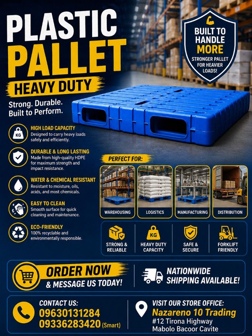 BRAND NEW PLASTIC PALLET HEAVY DUTY (Category: Looking For) located in Bacoor. Submitted by kajezame.2021 (Listing ID 1462727617, Image 1). Description: BRAND NEW PLASTIC PALLET HEAVY DUTY For More Details and Discount Contact Ms. Karen NAZARENO 10 TRADING 0963 0131 284 0933 6283 420 0956 7028 557 0933 8559 510 Landline: Look for Ms. Karen (046 ) 416 3920 Also available: · Traffic cone · Parking Block stopper · Hooded trash bin · Road Plastic Bar