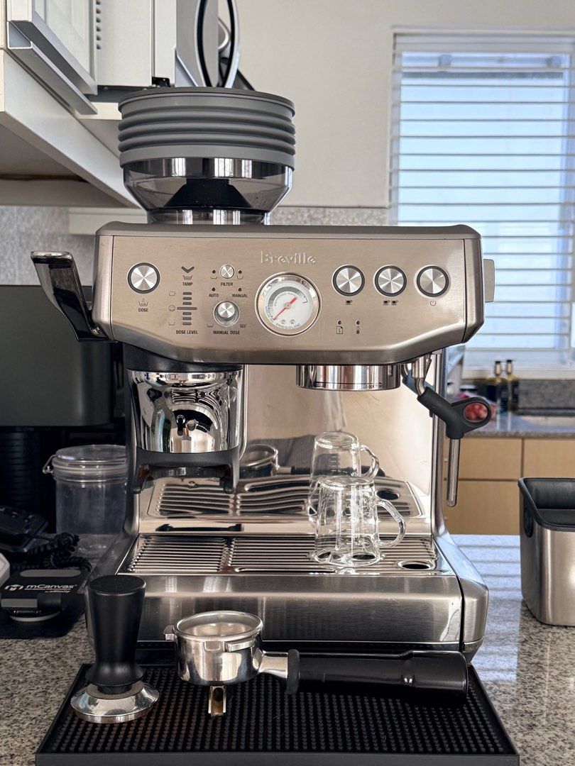 Breville Barista Express Impress Machine with Grinder (Category: Coffee Machines & Makers) located in Manila. Submitted by francispena (Listing ID 1462836933, Image 1). Description: - Breville Barista Express Espresso Machine - Built-in Grinder - Includes Tamper and Portafilter - Comes with Knock Box - Includes 2 Small Espresso Cups - Good Working Order - Perfect for Home Cafe-Quality Coffee - Complete with box - Purchased March 17, 2024 SRP: 750