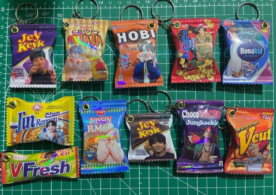 BTS Inspired Snack Pack Keychains - Kpop Merchandise (Category: K-Wave Merchandise) located in Marikina City. Submitted by jusnet0714 (Listing ID 1462784945, Image 2). Description: wts lfb chicha keyring bts ph ★ chicha keyring bts member ★ glossy or rainbow glossy ★ ₱60 to ₱70 pesos each ★ 3 to 5 days production ★ comment mine or dm 📌 wts lfb chicha keyring bts rm jin v jk suga jimin jhope jungkook taehyung ph - Adorable keychains crafted from 