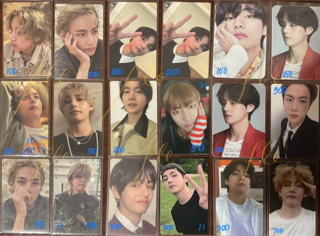 BTS V & Jin Photocards - Various Prices (Category: K-Wave Merchandise) located in Manila. Submitted by darlyn.ple (Listing ID 1462802474, Image 1). Description: - BTS Photocards featuring V and Jin - Prices clearly marked on each card - Essential for any ARMY's collection - Feel free to message for more details or to inquire about a specific card - All sales are final.