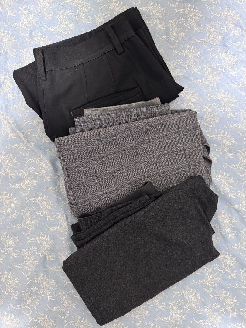 Bundle of 3 Slacks - Black, Grey Plaid, Dark Grey (Category: Other Bottoms) located in Marikina City. Submitted by classicloset (Listing ID 1462836538, Image 1). Description: - Bundle includes 3 pairs of pants. - Colors: 1 black, 1 grey plaid, 1 dark grey. - Style: Dress pants/trousers. - Ideal for work or smart casual outfits. - Great value bundle deal..