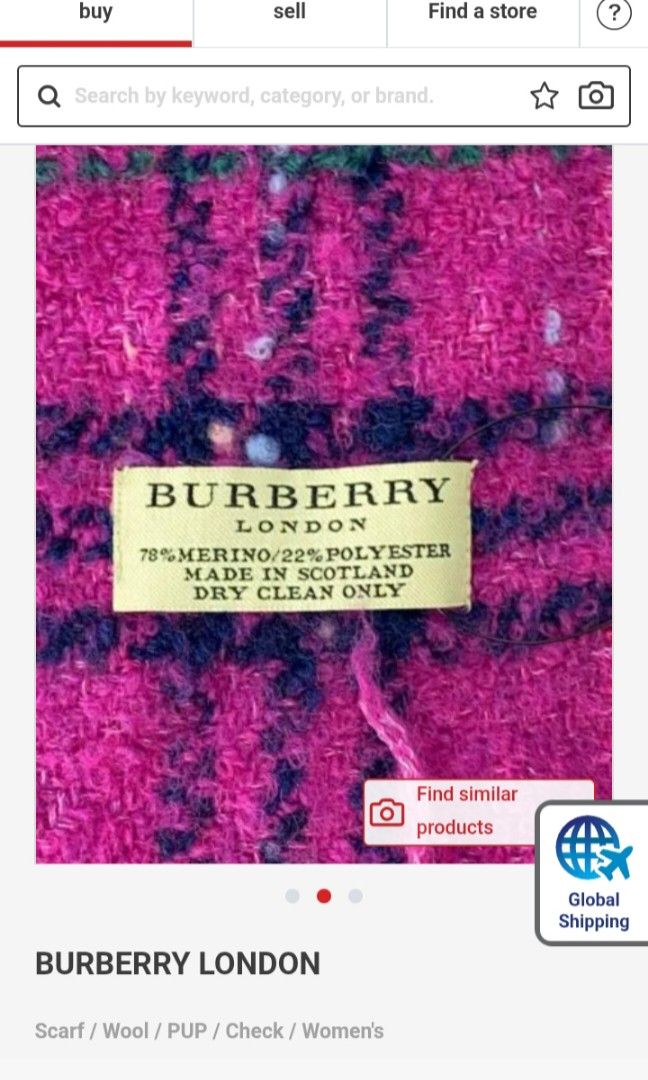 Burberry London plaid scarf (Category: Scarves) located in Puerto Princesa. Submitted by sefynna96 (Listing ID 1462702965, Image 1). Description: ✨made with merino wool and polyester from Scotland ✨in a very good used condition with no flaws ✨ actual photos are the last 2 photos posted ✨ slightly negotiable 😉 dimensions: length: 65 and a half inches ( the tassel trims are not included when this was measured) width: 7 and a half inches.