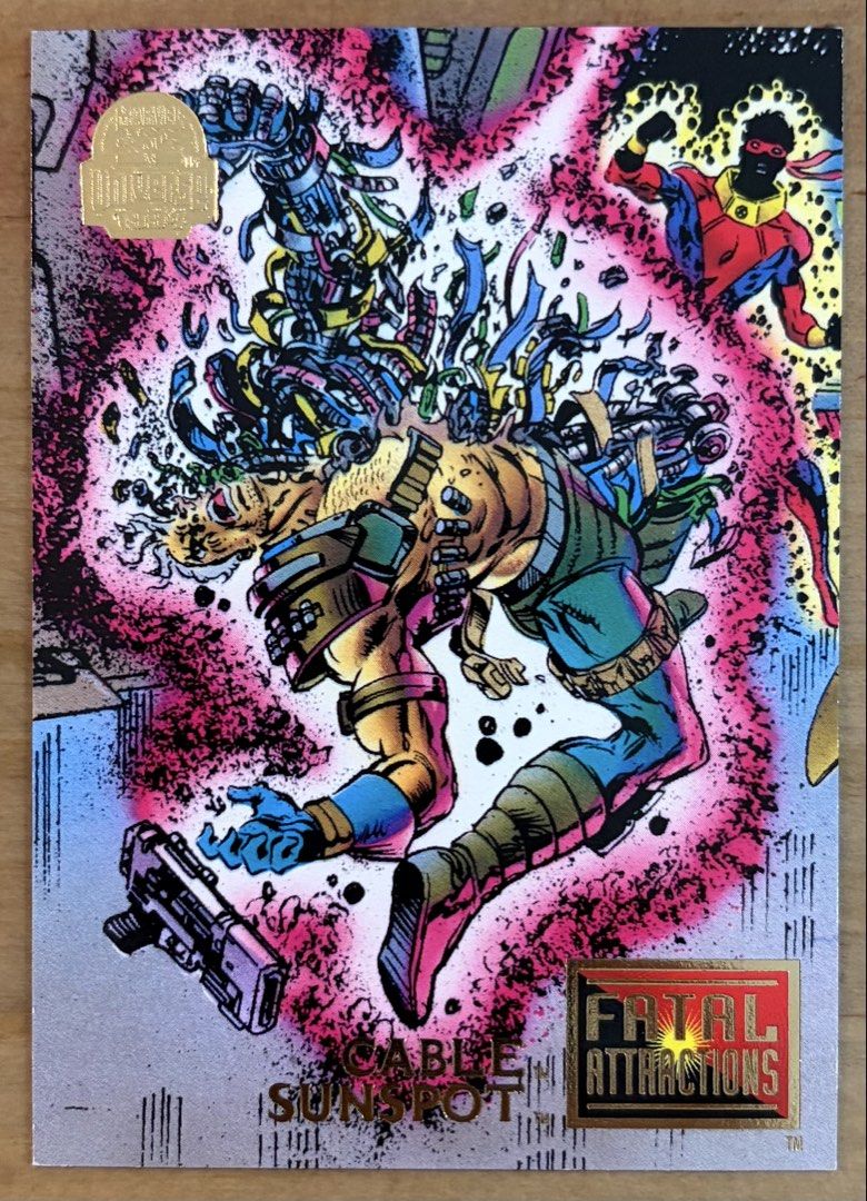 Cable & Sunspot | Marvel Cards ~ Fatal Attractions '94 (Category: Raw Singles) located in Makati City. Submitted by cardlab (Listing ID 1462700344, Image 1). Description: Items are 💯 authentic/original/legit. About The Card: • '94 Fleer Marvel Cards Universe • Card No. 5 • Fatal Attractions • Series V FOR: • Cards ₱99 and below with Card Sleeves • Cards ₱100 and up with Used Toploader • ₱10 for Bnew Tops Packaging (If Shipping): ✔️ Plastic cover