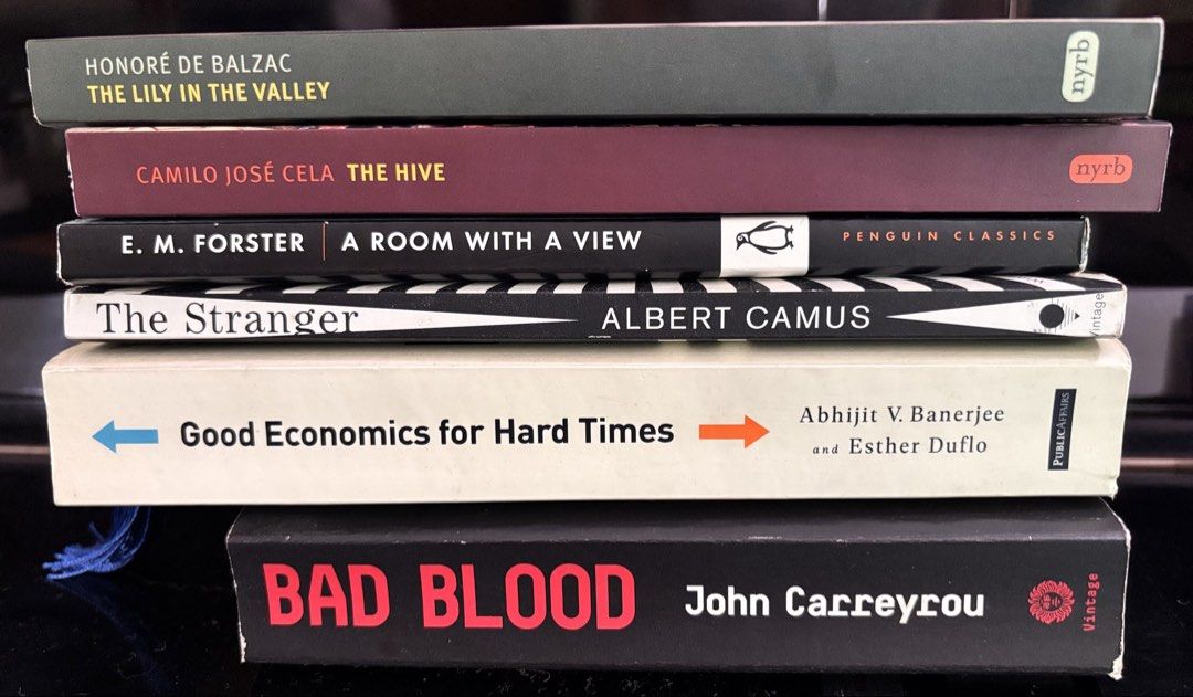 Camus, Forster, Balzac, Banerjee & More (Category: Storybooks) located in Marikina City. Submitted by iamprelovedph (Listing ID 1462716735, Image 1). Description: Downsizing due to lack of space. - The Stranger (Albert Camus) (500) - A Room with a View (E. M. Forster) (350), The - Lily in the Valley (Honoré de Balzac (900) - The Hive (Camilo José Cela) (900) - Good Economics for Hard Times (Banerjee & Duflo) (700) - and Bad Blood (John Carreyrou)