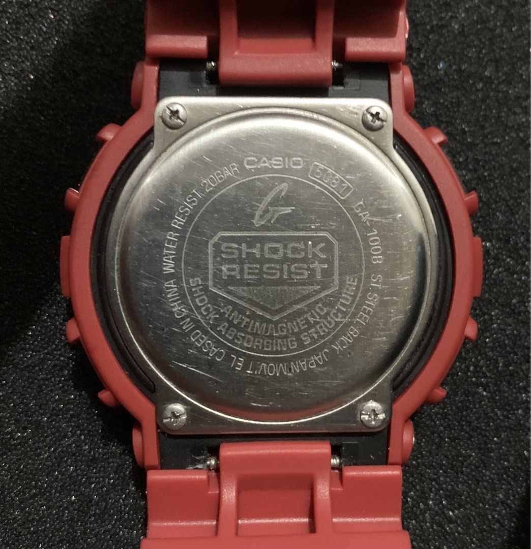 Casio G-Shock GA-100 (Category: Men's Watches) located in Taytay. Submitted by tropamon_tcg (Listing ID 1462814520, Image 2). Description: Authentic G-Shock Watch GA-100 Brand new replacement bezel and strap (matte dark red). Brand new battery installed. All buttons and functions working. Please manage expectations. This is a a used item. No warranty. No returns. Open to offers. Location: Taytay, Rizal.