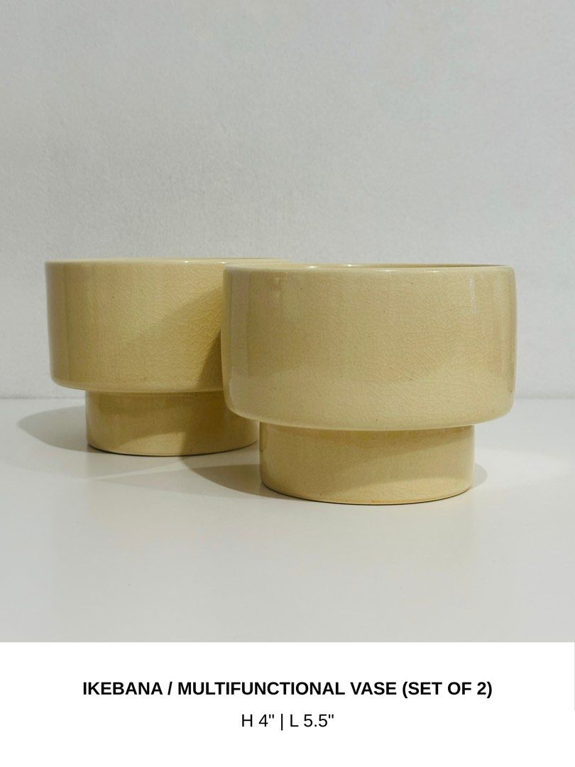 Ceramic Ikebana/Multifunctional Vase (Category: Vases & Decorative Bowls) located in Manila. Submitted by anaya_d (Listing ID 1462794532, Image 2). Description: Butter yellow multifunctional ceramic vase with endless styling possibilities 💐 Perfect for ikebana arrangements, as a decorative accent, or even as a water bowl for your pets. Signed by artist. P1000 (set of 2).