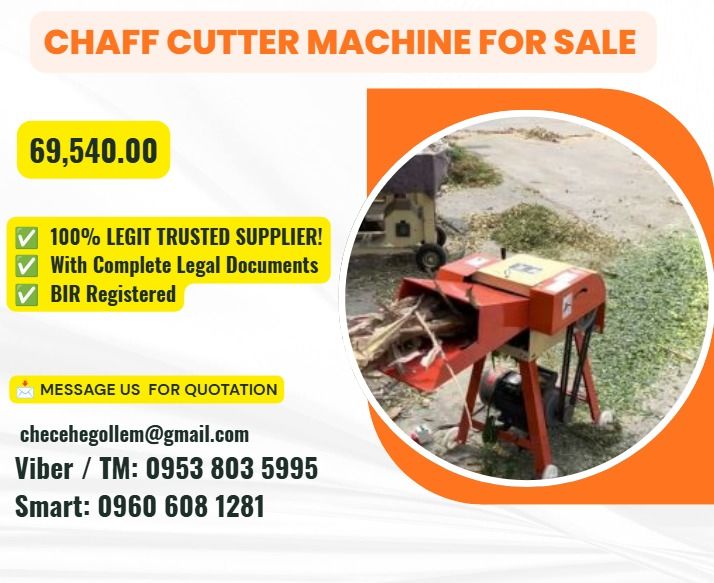 Chaff Cutter Machine for sale (Category: Construction Tools & Equipment) located in Caloocan City. Submitted by happystorm_d41630 (Listing ID 1462780077, Image 1). Description: ●Electric PHP 69,540 ●Diesel type PHP 122,610 ●Model: 9ZP-0.4A ●Motor: 2.2kw, 220 volts, Single phase,50Hertz ●Capacity: 400-1200kg/h ●Dimension: 1085*470*850mm ●Weight: 53kg .