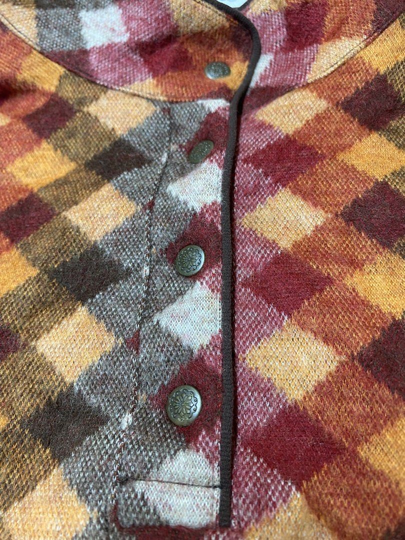 CHARGE Plaid Mock Neck Button Up (Category: Coats, Jackets and Outerwear) located in General Trias. Submitted by kevinthriftshop (Listing ID 1462845170, Image 3). Description: - CHARGE brand top - Size: L - Design: Colorful plaid pattern (red, orange, brown, cream) - Features: Mock neck with button-up placket, long sleeves - Origin: Made in Japan - Versatile: Great for layering or wearing solo.
