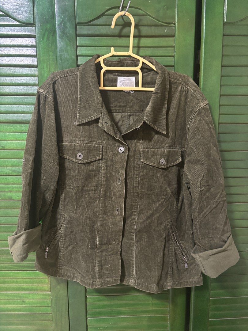 Christopher & Banks Corduroy Button-Up Jacket XL (Category: Coats, Jackets and Outerwear) located in Ilagan. Submitted by ystroberry (Listing ID 1462793871, Image 1). Description: - Olive green corduroy jacket from Christopher & Banks - Button-up front - Two chest pockets - Zippered waist pockets - Ideal for layering in cooler weather XL on tag but fits M-L !.