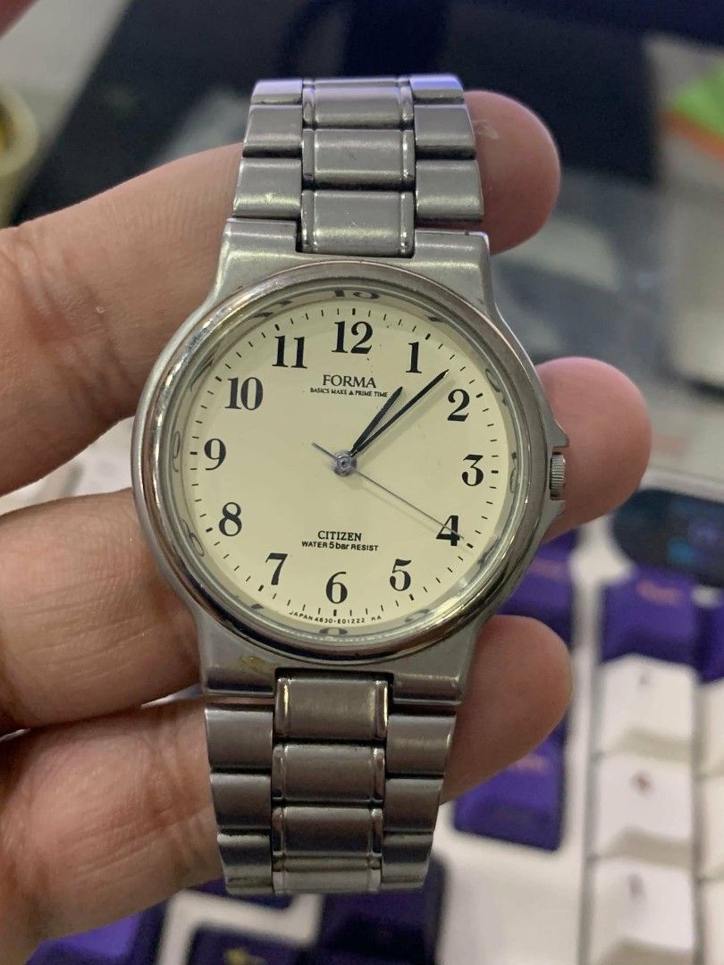 Citizen FORMA Water 5 Bar Resist Watch (Category: Men's Watches) located in Imus. Submitted by serendipity0306 (Listing ID 1462754302, Image 1). Description: - Classic Citizen watch with FORMA dial - Cream-colored face with black Arabic numerals - Water resistant up to 5 bar - Stainless steel band - Reliable Japan movement - Ideal for everyday wear.