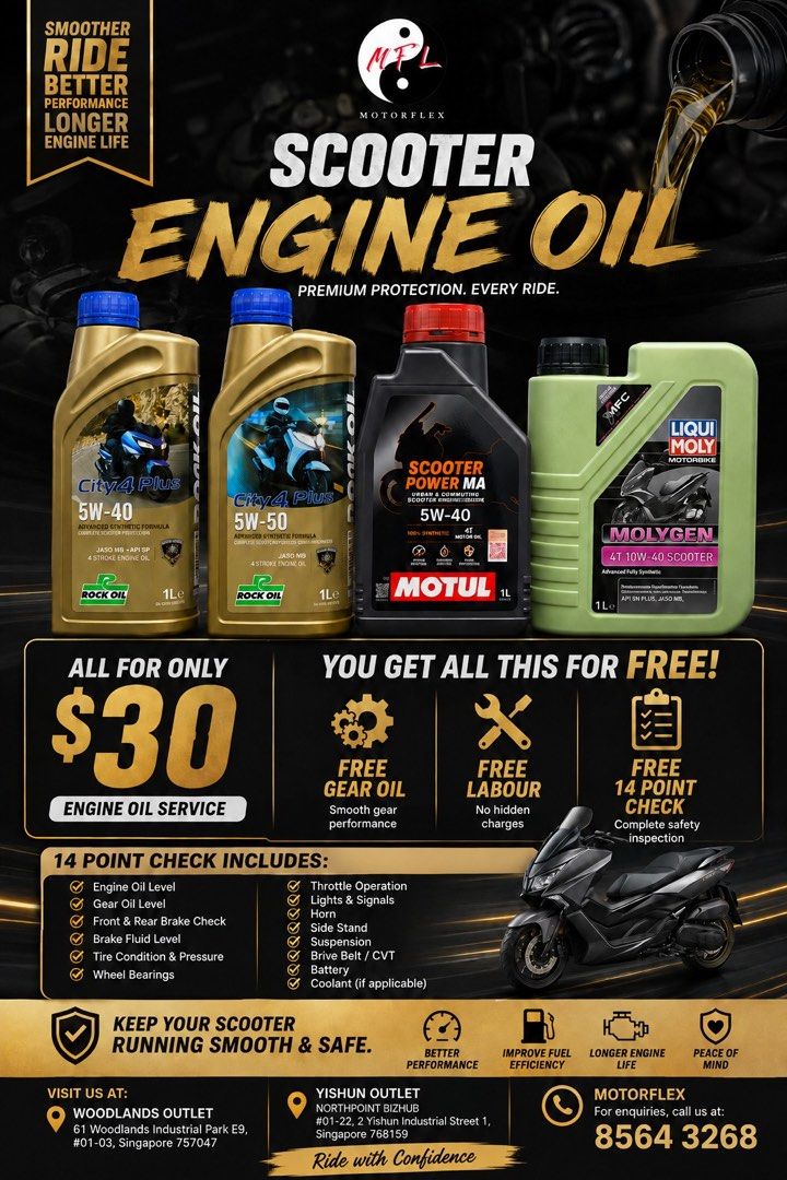Class 2B, 2A and 2 basic serving packages (Category: Motorcycle Accessories) located in Singapore. Submitted by motorflex (Listing ID 1462729957, Image 2). Description: 🏍️🔥 MANUAL BIKE OR SCOOTER? MOTORFLEX HAS GOT YOU COVERED! 🛵 Engine oil servicing from just $25! 💥 🏍️ Manual Bikes — From $25 🛵 Scooters — Only $30 🎁 FREE Oil Filter / Gear Oil 🎁 FREE Labour 🎁 FREE 14-Point Check Why wait? Give your ride the care it deserves! 🛠️ 📍 Woodl