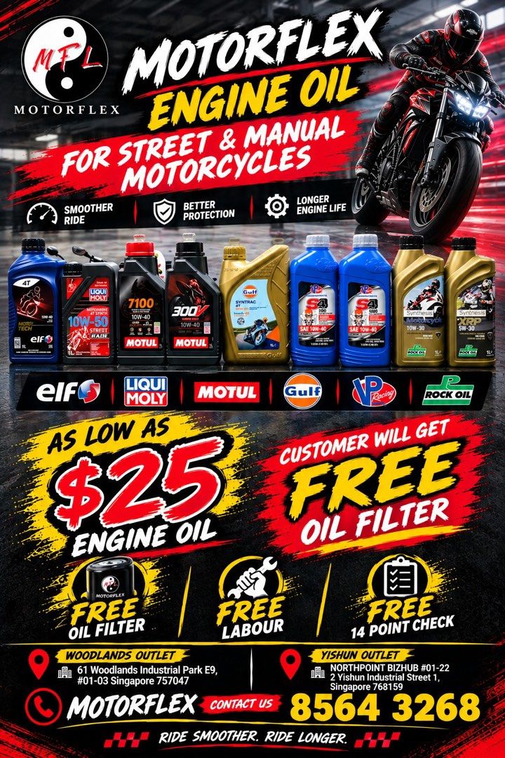 Class 2B, 2A and 2 basic serving packages (Category: Motorcycle Accessories) located in Singapore. Submitted by motorflex (Listing ID 1462729957, Image 1). Description: 🏍️🔥 MANUAL BIKE OR SCOOTER? MOTORFLEX HAS GOT YOU COVERED! 🛵 Engine oil servicing from just $25! 💥 🏍️ Manual Bikes — From $25 🛵 Scooters — Only $30 🎁 FREE Oil Filter / Gear Oil 🎁 FREE Labour 🎁 FREE 14-Point Check Why wait? Give your ride the care it deserves! 🛠️ 📍 Woodl