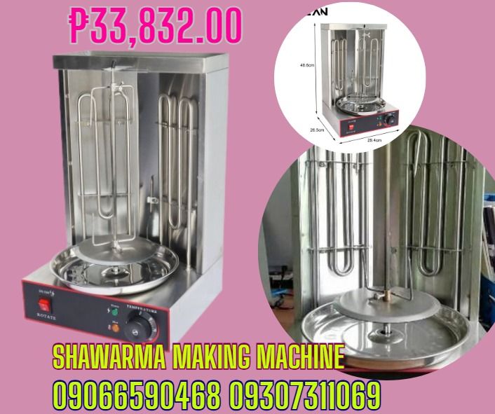 Commercial Shawarma Making Machine (Category: Coffee Machines & Makers) located in Caloocan City. Submitted by luckystar.162567 (Listing ID 1462780756, Image 1). Description: - Shawarma Making Machine - Perfect for Business or Personal Use - Durable Stainless Steel Construction - Features Heating Elements and Rotating Spit - Easy Operation with Temperature Control - Price: P33,832.00 - Contact: 09066590468 or 09307311069 for Inquiries ● Power vol