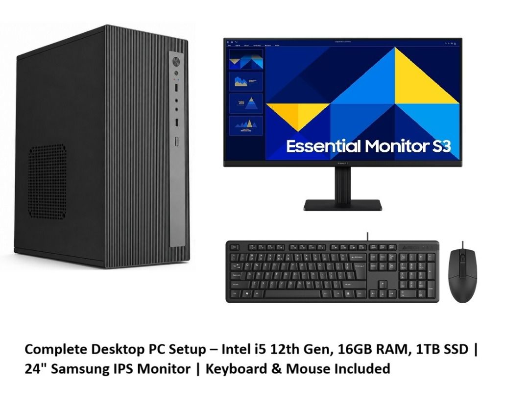 Complete Desktop PC Setup – Intel i5 12th Gen, 16GB RAM, 1TB SSD (Category: Desktops) located in Caloocan City. Submitted by joeliteselectronics (Listing ID 1453619929, Image 1). Description: System Specifications - Processor (CPU): Intel® Core™ i5- 12400 (6 Cores / 12 Threads, up to 4.4 GHz Turbo) - Graphics (GPU): Intel® UHD Graphics 730 (Integrated) - Motherboard: ASUS Prime H610M-R D4 (LGA 1700, PCIe 4.0, HDMI/DP/VGA) - Memory (RAM): 16GB DDR