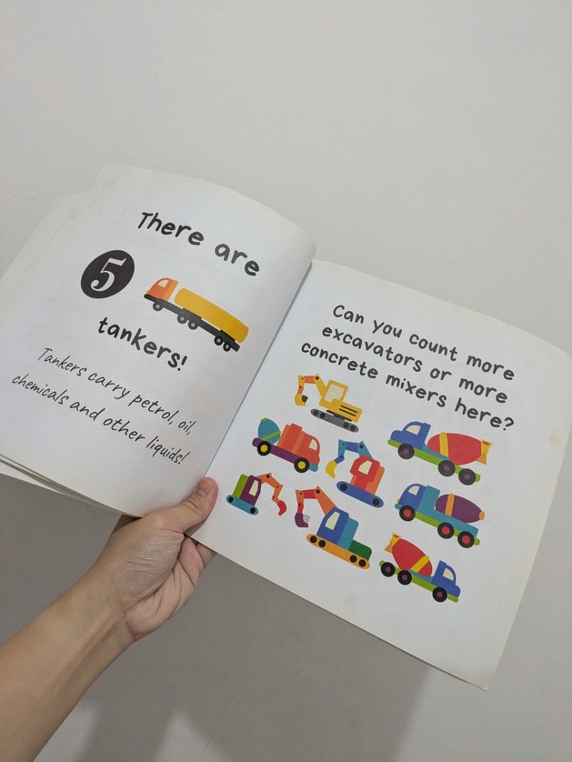 Construction Counting Book Diggers, Dump Trucks & Tractors for toddlers (Category: Children's Books) located in Quezon City. Submitted by lascosas.ph (Listing ID 1462708049, Image 2). Description: - Fun counting book for vehicle-loving kids! - Features diggers, dump trucks, and tractors. - Teaches numbers and vehicle types. - Bright, engaging illustrations. - Sturdy pages for little hands. - Perfect for early learning and reading practice..