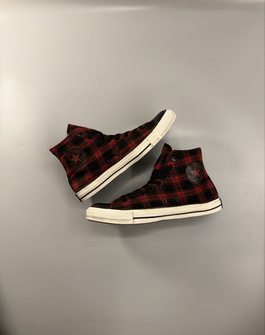 Converse All Star High Top Plaid Sneakers (Category: Sneakers) located in Caloocan City. Submitted by maempenafi21452 (Listing ID 1462846751, Image 1). Description: Classic Converse high tops in a red and black plaid pattern. Black laces and toe cap. White rubber sole. These are a cool statement piece for any outfit. Great for casual wear. Check out the photos for details..