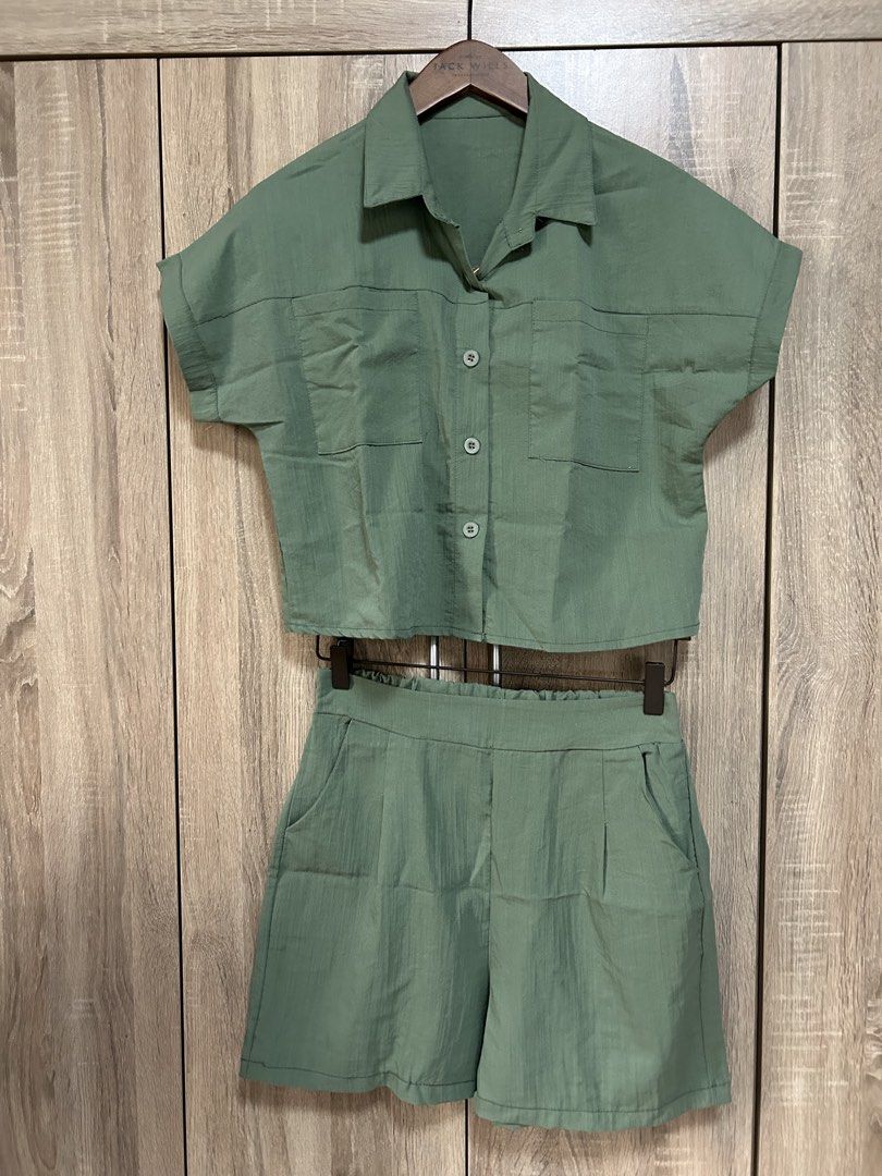Coords Shorts (Category: Sets or Coordinates) located in Bulacan. Submitted by relove.re (Listing ID 1462834595, Image 1). Description: - Coords and sets - Ash green / Sage - Top shirt with colar and buttons - Shorts tailored by hand.