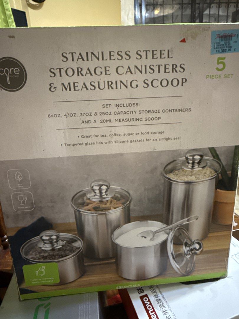 Core Stainless Steel Storage Canisters & Measuring Scoop Set (Category: Food Organization & Storage) located in Manila. Submitted by zealbear_602543 (Listing ID 1462777104, Image 1). Description: - Set of 5 stainless steel storage canisters with tempered glass lids. - Includes four sizes: 64oz, 47oz, 37oz, and 25oz. - Comes with a 20ml measuring scoop. - Ideal for storing tea, coffee, sugar, spices, or other dry goods. - Lids feature silicone gas