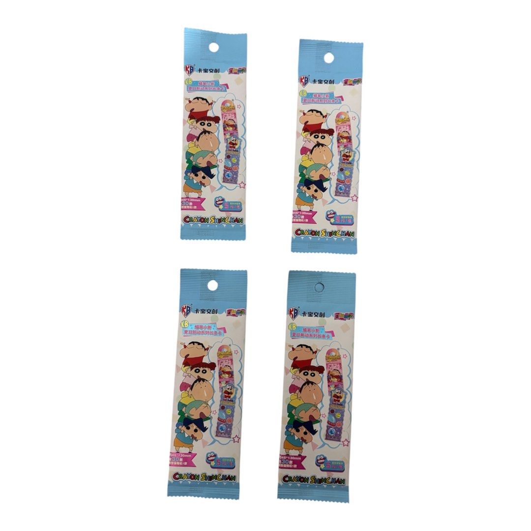 Crayon Shinchan Long strip card (Category: Other Stationery & Craft) located in Santa Ana. Submitted by tokiotokio (Listing ID 1462851532, Image 1). Description: - Get 4 packs of Crayon Shinchan stickers. - Each pack features a unique design with Shinchan and friends. - Ideal for collectors and decorating your belongings. - A must-have for any Crayon Shinchan fan! - Available as a complete set of all 4 packs..