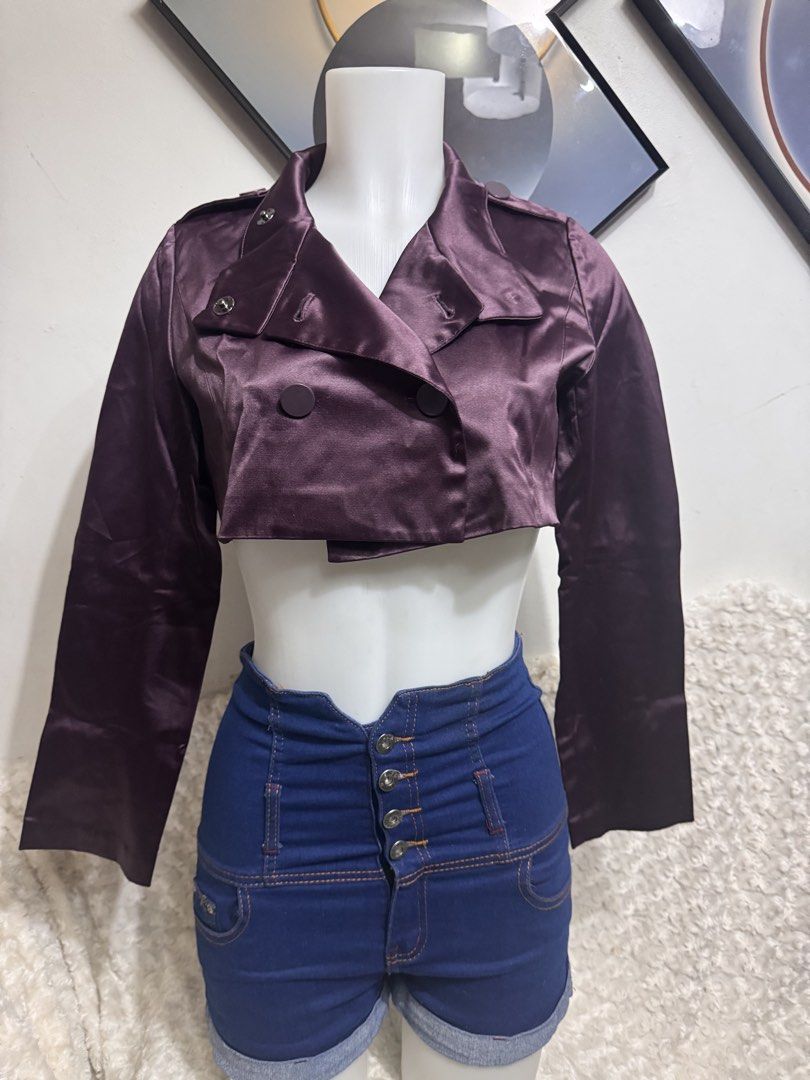 Cropped Double-Breasted Satin Jacket (Category: Coats, Jackets and Outerwear) located in Marikina City. Submitted by lorradel (Listing ID 1462731951, Image 1). Description: - fits S-M - Dark purple cropped jacket - Shiny satin material - Double-breasted button closure - Stand-up collar - Shoulder details - Long sleeves - Ideal for pairing with high-waisted bottoms - MAY HAVE some washable stains (hindi maiiwasan) needs washing; had been stored - 