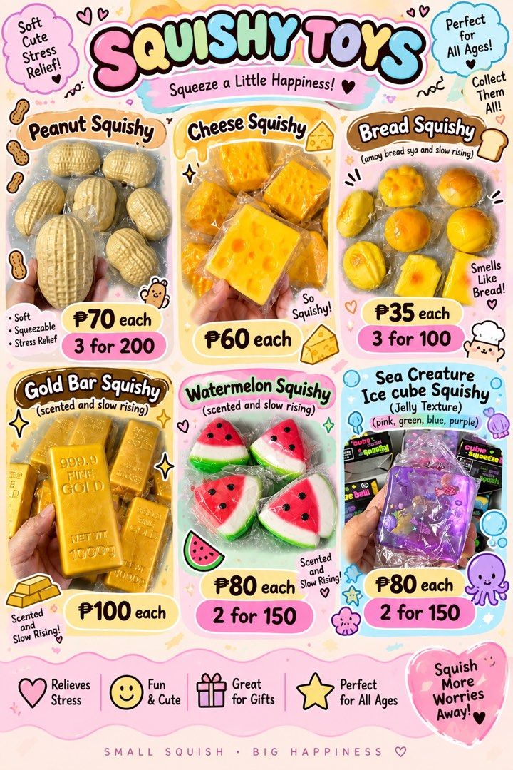 Cute Squishy Toys - Stress Relief & Fun! (Category: Kids Toys) located in Cainta. Submitted by meowshoppp (Listing ID 1462784516, Image 1). Description: ONHAND SQUISHIESSS, PABUDOL NA KAYO! Peanut Squishy - 70 each (3 for 200) Cheese Squishy - 60 each Bread Squishy (amoy bread sya and slow rising)- 35 each 3 for 100) Gold bar squishy (scented and slow rising) - 100 Watermelon squishy (scented and slow rising) - 80 each (2 for 150) Sea Creature Ic