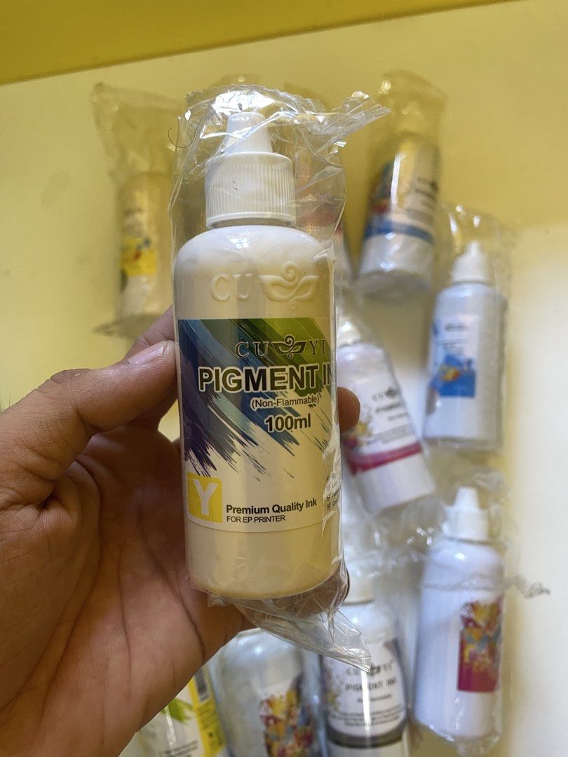 CUYI Pigment Ink 100ml for EP Printer (Category: Printers, Scanners & Copiers) located in Infanta. Submitted by frandez (Listing ID 1462758238, Image 2). Description: - Set of CUYI Pigment Ink Bottles - 100ml per bottle - Premium quality for EP printers - Non-flammable - Keep out of reach of children and pets - Avoid high/freezing temperatures and direct sunlight - Great for all your printing needs Colors: 3 yellow 4 black Cyan 2 Magenta 3 .