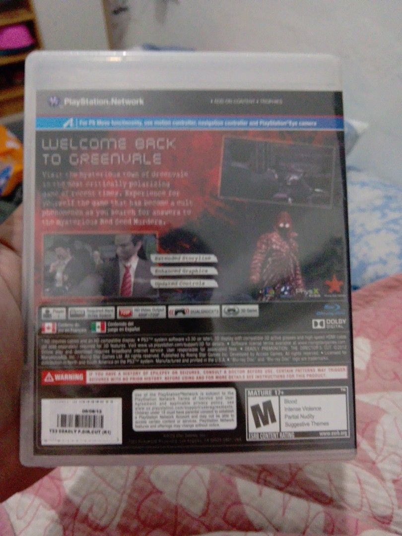 Deadly Premonition The Director's Cut PS3 Game (Category: PlayStation) located in Caloocan City. Submitted by grannysgames (Listing ID 1462761716, Image 2). Description: - Deadly Premonition: The Director's Cut for PS3 - Unique survival horror experience - Explore the town of Greenvale - Rated Mature 17+ - PlayStation Move compatible.