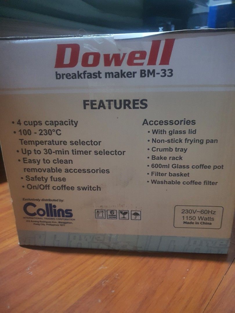Dowell BM-33 3-in-1 Breakfast Maker (Category: Ovens & Toasters) located in Pasig City. Submitted by xjenn (Listing ID 1462798458, Image 1). Description: - 3-in-1 Breakfast Maker: Fry, Toast, and Brew Coffee original Price 2500, selling for 2k only - 4 Cups Coffee Pot Capacity - Temperature Selector: 100-230°C - Timer Selector: Up to 30 Minutes - Includes: Glass Lid, Non-stick Frying Pan, Crumb Tray, Bake Rack, Filter Basket, Washable Coffee Filt