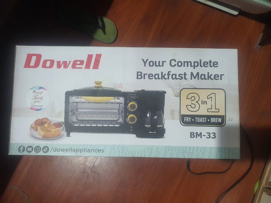 Dowell BM-33 3-in-1 Breakfast Maker (Category: Ovens & Toasters) located in Pasig City. Submitted by xjenn (Listing ID 1462798458, Image 2). Description: - 3-in-1 Breakfast Maker: Fry, Toast, and Brew Coffee original Price 2500, selling for 2k only - 4 Cups Coffee Pot Capacity - Temperature Selector: 100-230°C - Timer Selector: Up to 30 Minutes - Includes: Glass Lid, Non-stick Frying Pan, Crumb Tray, Bake Rack, Filter Basket, Washable Coffee Filt