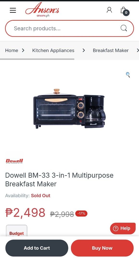 Dowell BM-33 3-in-1 Breakfast Maker (Category: Ovens & Toasters) located in Pasig City. Submitted by xjenn (Listing ID 1462798458, Image 3). Description: - 3-in-1 Breakfast Maker: Fry, Toast, and Brew Coffee original Price 2500, selling for 2k only - 4 Cups Coffee Pot Capacity - Temperature Selector: 100-230°C - Timer Selector: Up to 30 Minutes - Includes: Glass Lid, Non-stick Frying Pan, Crumb Tray, Bake Rack, Filter Basket, Washable Coffee Filt