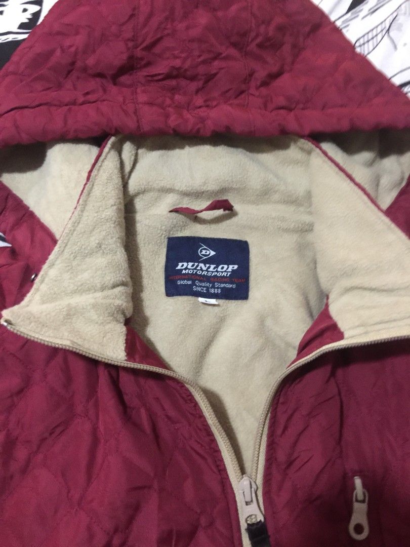 DUNLOP wine red fleece lining quilted jacket (Category: Coats, Jackets and Outerwear) located in Naguilian. Submitted by bamguet__shap (Listing ID 1462802453, Image 3). Description: DUNLOP dark red (wine), Size Large with detachable hood, fleece lining. Size: Large but can fit Medium Issue: non Condition: 10/10 Brand: DUNLOP Measurements: Shoulder W: 41CM Chest W: 74CM Bust: 86-94CM Height: 154-162CM MOD: j&t MOP: gcash.