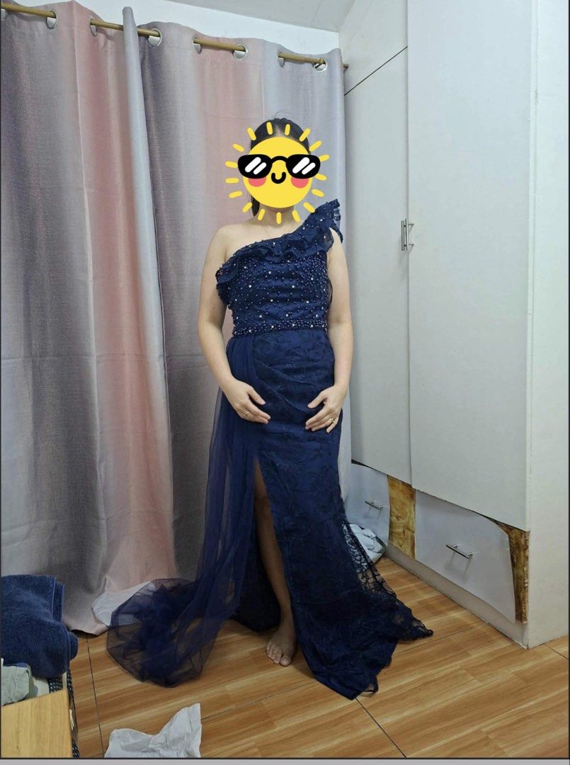 Elegant Mermaid Evening Gown (Category: Evening dresses & gowns) located in Manila. Submitted by arbiecg (Listing ID 1462819660, Image 2). Description: Navy blue evening gown worn only once. Elegant Deep Blue One-Shoulder Mermaid Formal Gown With Ruffle Lace Embroidery, Hand-Beaded Rhinestone Tulle Train And High Slit For reference, I am 5ft in height and weighs 50kg currently (Sept2026). Can fit medium built and tall girlies. Original purchase p