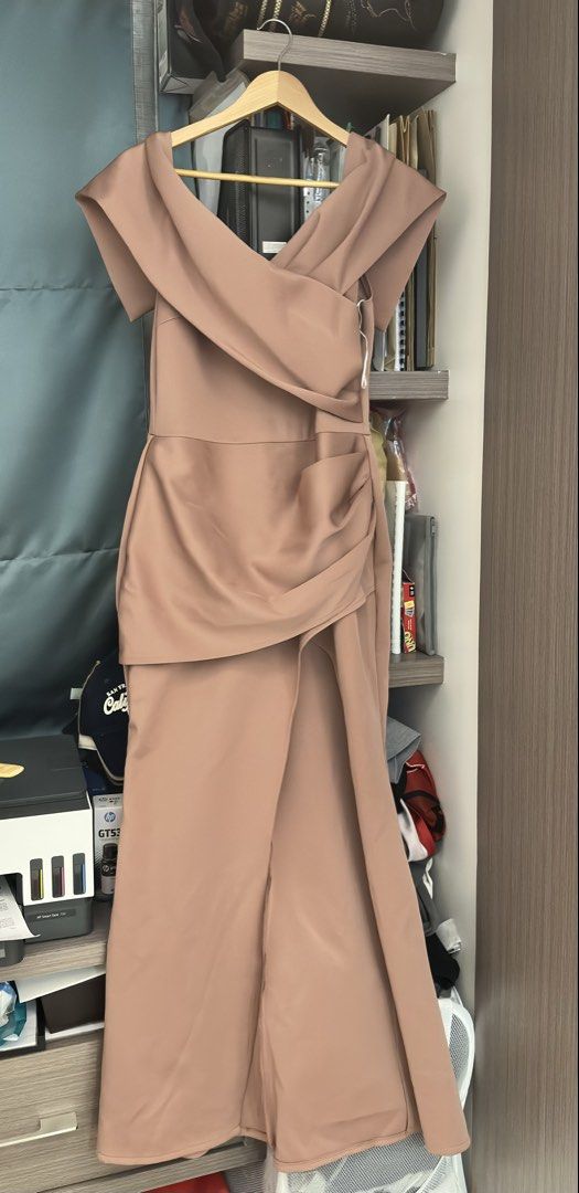 Elegant Off-Shoulder Draped Maxi Dress (Category: Dresses) located in Manila. Submitted by grandtiger_60a8d7 (Listing ID 1462836619, Image 1). Description: Dusty rose maxi dress with off-shoulder neckline, ruched side, and high slit. Elegant and chic for formal events. Worn only once.