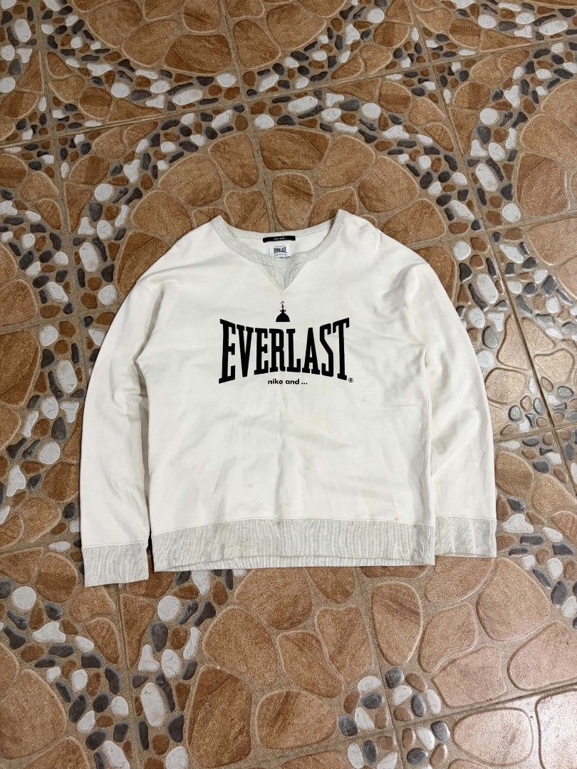 Everlast x Niko and... Collaboration Sweatshirt (Category: Coats, Jackets and Outerwear) located in Caloocan City. Submitted by 13th.basement (Listing ID 1462789565, Image 2). Description: Everlast and Niko and.. collaboration - White sweatshirt - Features Everlast and Niko and.. collaboration - Classic crew neck design - Ideal for comfortable and stylish casual wear -size 3 on tag 21.5W/26 L issue: stains ₱699 only MEETUP AROUND PANGHULO MALABON