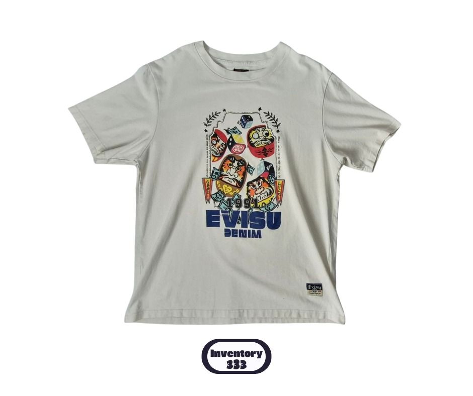 EVISU DENIM T-Shirt Graphic Print (Category: Tshirts & Polo Shirts ) located in Taguig. Submitted by regimennn (Listing ID 1462856624, Image 1). Description: Evisu Denim 1991 White Graphic Shirt Loose Fit. 20 x 24.