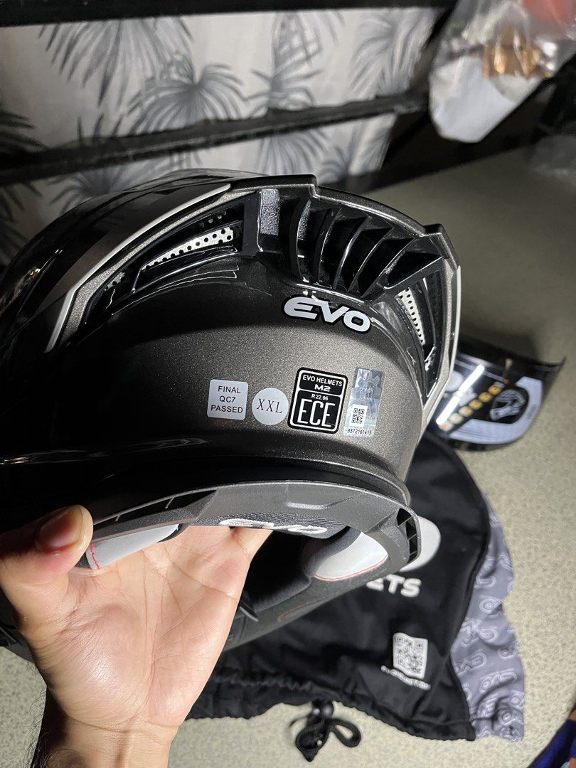 EVO Helmets M2 Helmet XXL with Extra Visor (Category: Helmets and other Riding Gears) located in Pateros City. Submitted by john_mclain (Listing ID 1462738010, Image 2). Description: - EVO M2 Motorcycle Helmet - Size: XXL - Includes: Clear Visor (installed), Tinted Visor (additional) - Comes with: Helmet Bag, Stickers - Passed final checks - Ready for your next ride.