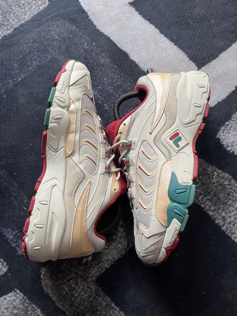 FILA Retro Running Shoes | Size 40 (Category: Sneakers) located in General Trias. Submitted by zrchustle.604 (Listing ID 1462706753, Image 3). Description: FILA Retro Running Shoes in the Ivory / Golden / Red / Green colorway (Model: F12W031127FAG). This pair is a women's lifestyle and retro running silhouette. It features a chunky, layered upper combining cream and ivory panels with contrasting red lining, white laces, and unique green accents b