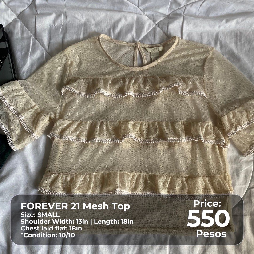 Forever 21 Mesh Top - Size Small (Category: Blouses) located in Pasig City. Submitted by thatgirlsamlara (Listing ID 1462717876, Image 1). Description: 🙋‍♀️Model Reference: I’m 5’2 and Small by body frame (25.5in Waistline). Actual photo posted. ‼️ Check photo for specific size, dimensions and price details. condition and issues if there are, are also declared. ‼️LAST PRICE POSTED 👉🏼 My items are in excellent condition unless otherwise stated 