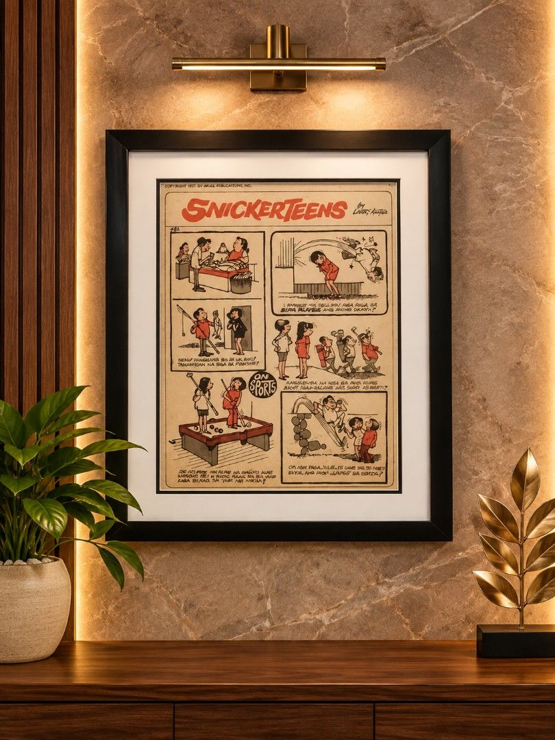 Framed "Snickerteens" Comic Art by Larry Alcala (Category: Comics & Manga) located in Caloocan City. Submitted by jeicee858582831 (Listing ID 1462855203, Image 1). Description: - Framed 'Snickerteens' comic strip by Larry Alcala - Copyright 1957 by Atlas Publications, Inc. - Ready to hang - Black frame included - Perfect for collectors and fans of classic Filipino comics.